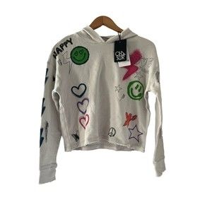 Chaser Linen French Terry Long Sleeve Hoodie Sweatshirt in Salt Happy Mash Up XS